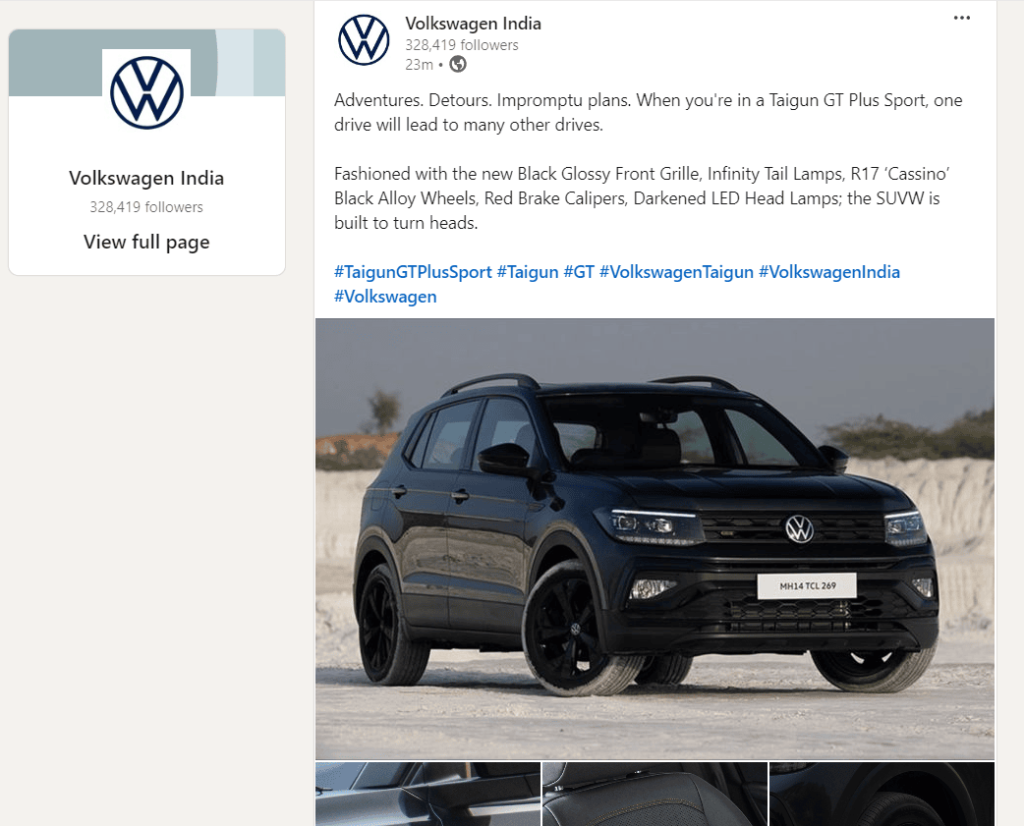 VW India Linkedin Post on All Black Taigun GT Plus Sport